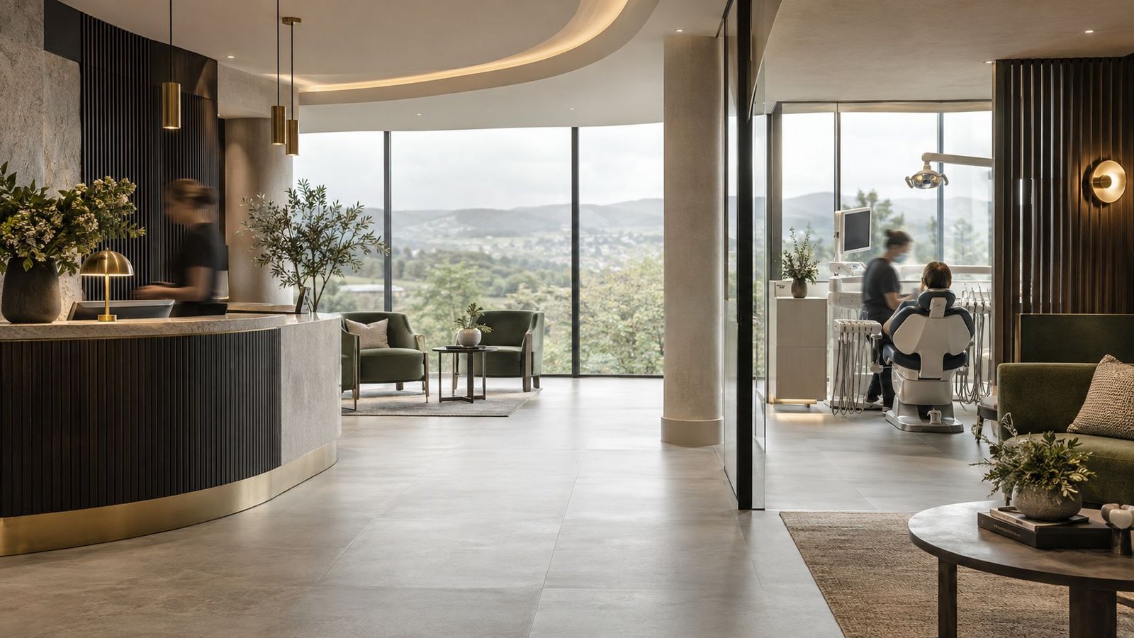 Calm contemporary dental reception and treatment space